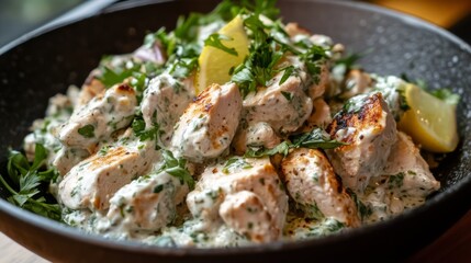 Fototapeta premium Savory chicken salad with herbs and lemon served in a black bowl