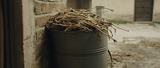 Naklejka premium Dried Flowers in Metal Bucket Rustic Still Life Photography