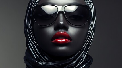 Elegant mannequin displays chic sunglasses and bold lipstick in a contemporary studio setting with dramatic lighting