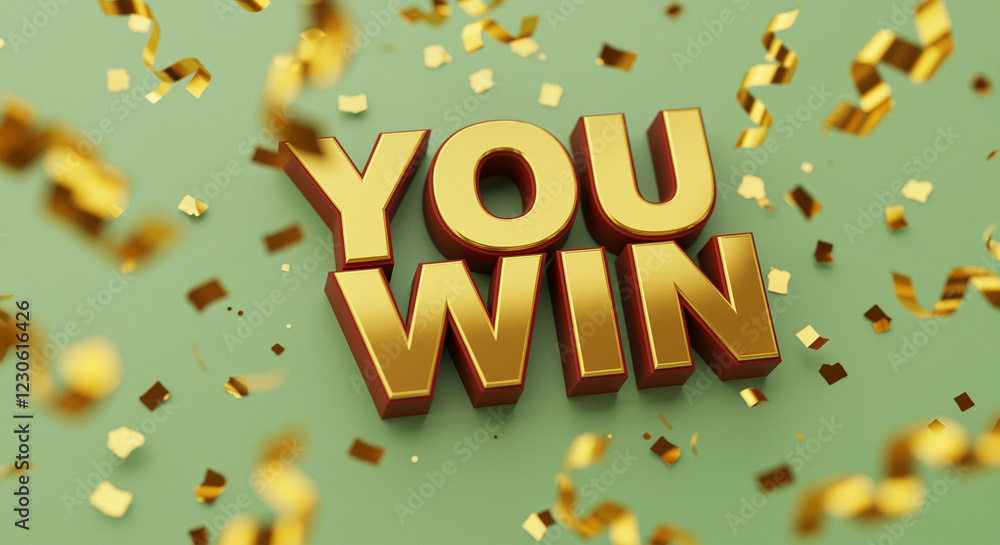 Poster text you win with golden letters and red edges on a green background with golden confetti. you win t