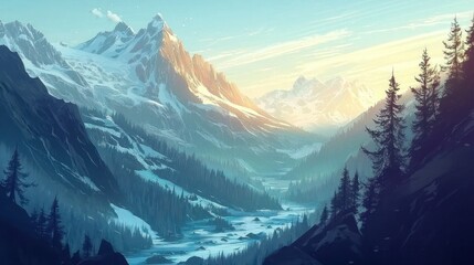 Majestic snow-capped mountains and valley at sunrise.