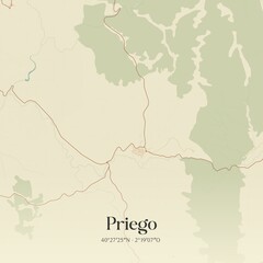 Retro Spanish map of Priego, Castilla-La Mancha. Vintage street map.