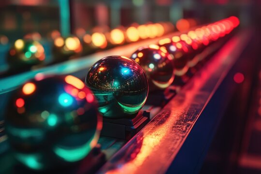 A conveyor belt carries many reflective orbs glowing with vibrant, multicolored lights. - Powered by Adobe