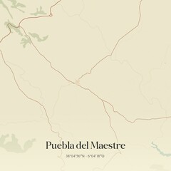 Retro Spanish map of Puebla del Maestre, Extremadura. Vintage street map.