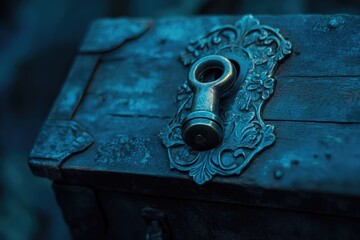 Ornate metal clasp secures a dark blue wooden box, hinting at mystery and secrets.