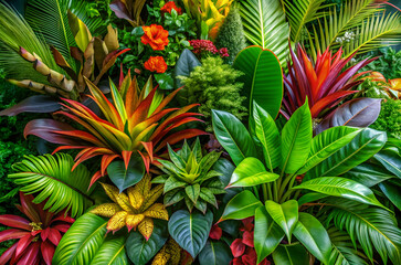Obraz premium A vibrant display of assorted tropical plants, showcasing rich greens and colorful foliage, creating a lush and lively indoor garden atmosphere.