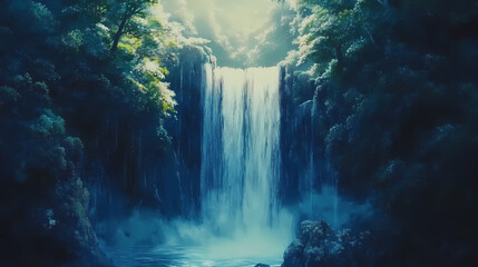Enchanting tropical rainforest waterfall scene with cinematic lighting and surreal dreamlike. Shadow Falls. Illustration