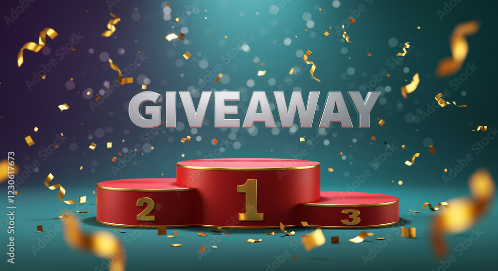 Poster winner podium with numbers one two and three. giveaway text on the top with confetti. red podium wit
