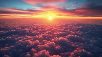 Aerial view of a vibrant sunset casting warm orange and purple hues across a vast expanse of fluffy clouds. The sun is prominent near the horizon, radiating a golden light. The overall mood is serene