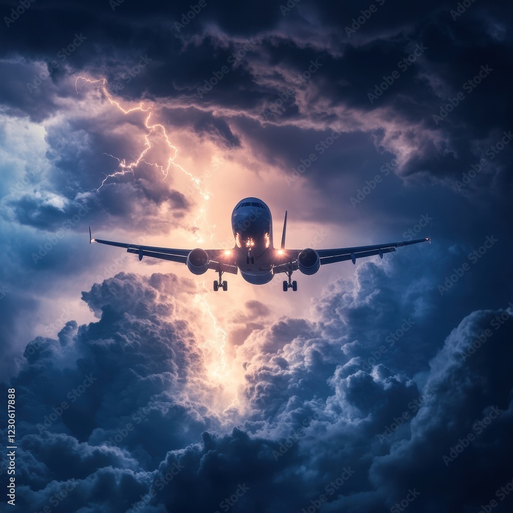 Poster Airplane navigates through turbulent storm clouds with lightning illuminating the dark sky. Generative AI