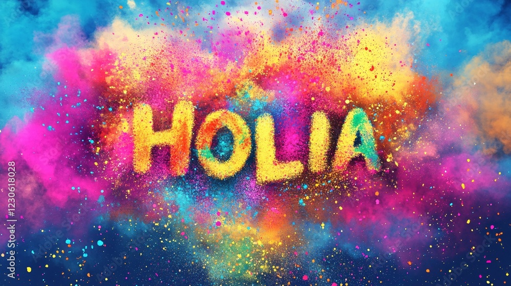 Poster a vibrant explosion of colorful powders spelling 'holia,' creating a festive and joyful atmosphere.