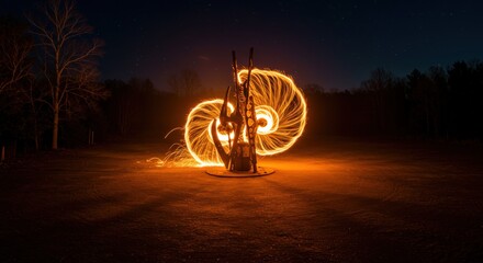 Abstract fire swirling around modern sculpture