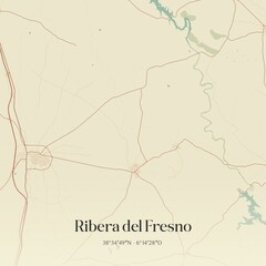Retro Spanish map of Ribera del Fresno, Extremadura. Vintage street map.
