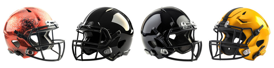 Football helmet isolated on transparent background, PNG, set of
