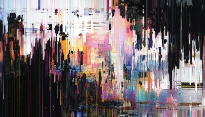 Abstract glitch art with distorted colors, digital corruption effect, modern design aesthetic
