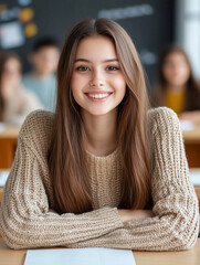 Student smiling in classroom during study session
