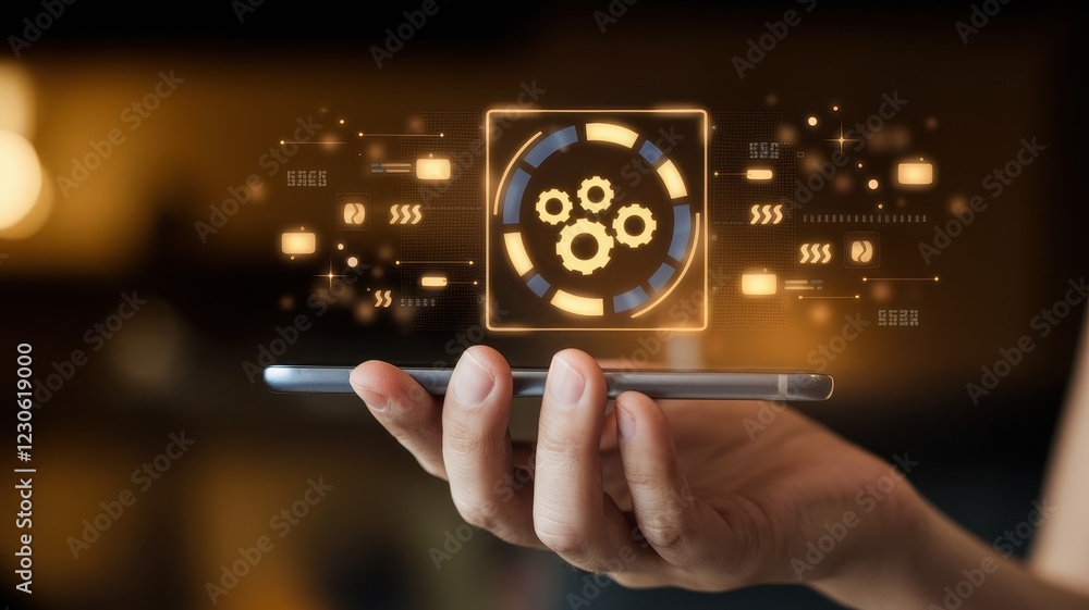 Poster digital technology and innovation: mobile device showcasing a gear interface representing technologi