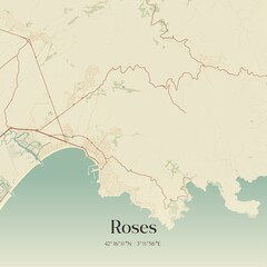 Retro Spanish map of Roses, Catalu�a. Vintage street map.