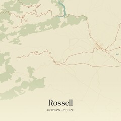 Retro Spanish map of Rossell, Comunidad Valenciana. Vintage street map.
