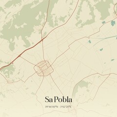 Retro Spanish map of Sa Pobla, Islas Baleares. Vintage street map.