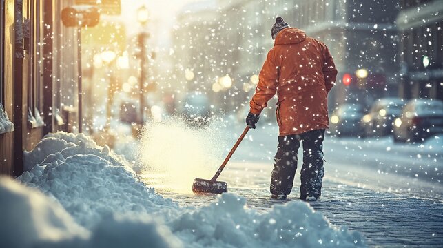 A male figure, bundled in an orange coat and black pants, shovels snow on a snowy street in a winter wonderland.