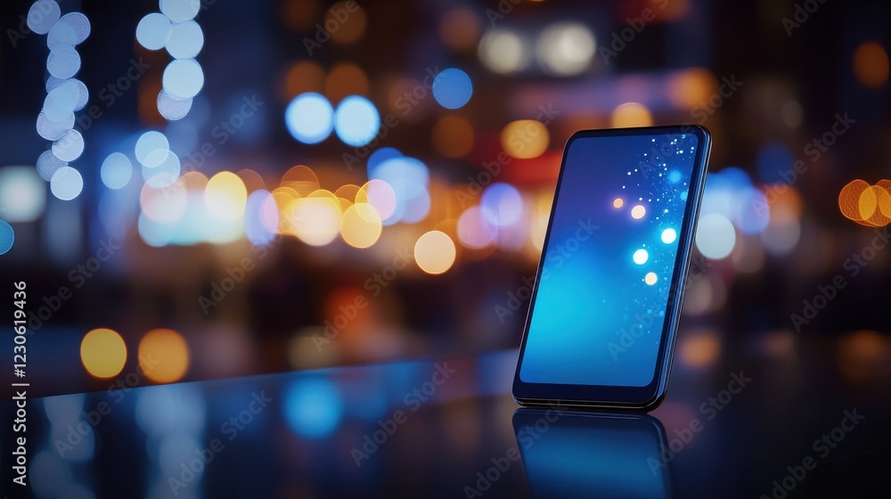 Poster smartphone displaying order shipped notification with blurred lights background in e-commerce and on