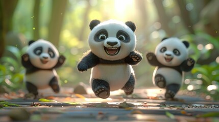 Obraz premium Three pandas are running through a forest, with one of them jumping in the air