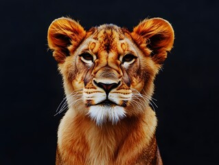 Fototapeta premium Majestic Young Lioness Portrait Against Black Background