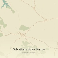 Retro Spanish map of Salvatierra de los Barros, Extremadura. Vintage street map.
