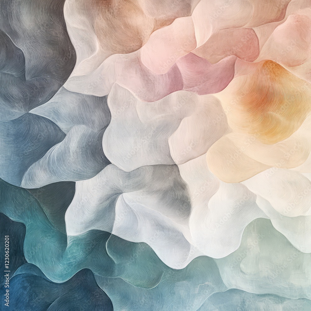 Poster fluid abstract art featuring soft pastel colors and textured waves, evoking a sense of calm and sere