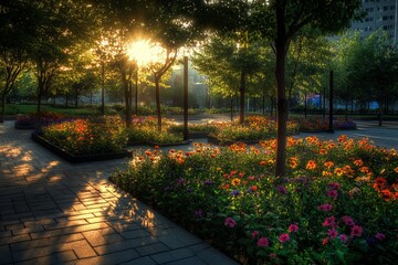 Fototapeta premium A vibrant city park with blooming flowers and trees, illuminated by the warm glow of sunrise.