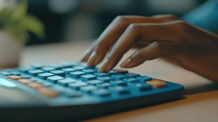 Fototapeta premium close up of hand pressing on calculator for calculation