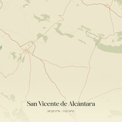 Retro Spanish map of San Vicente de Alc�ntara, Extremadura. Vintage street map.