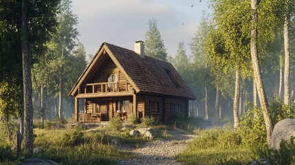 Obraz premium Building a cozy cottage with a wooden frame near the forest. It's a new and eco-friendly way to build houses, focusing on modern architecture and using natural materials.