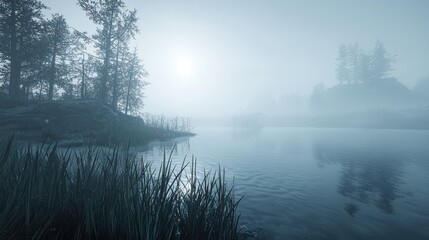 Fototapeta premium Misty morning river scene with fog and trees.
