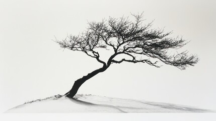 Obraz premium Windswept tree, winter landscape, minimalist art, serene nature, design element