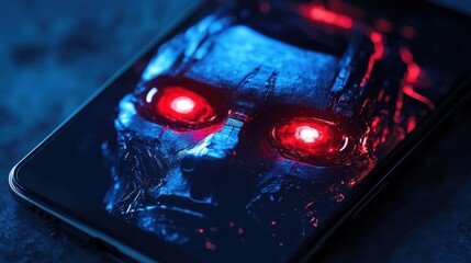 A phone screen shows a scary AI with glowing red eyes. The AI looks like a cyborg, and its eyes are full of malicious intent. This image the danger of bad AI, like a virus taking over your phone.