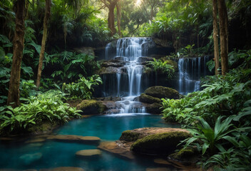 A hidden waterfall into pool, surrounded by glowing flora and fauna, creating a mystical and serene atmosphere
