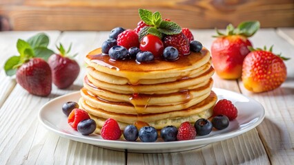 Fluffy buttermilk pancakes topped with fresh mixed berries and a drizzle of pure maple syrup on a white wooden table, breakfast plate, dessert