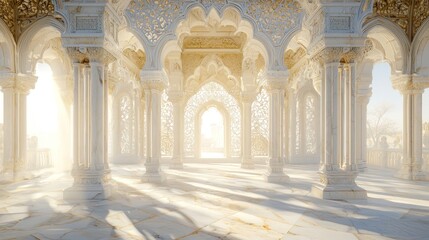 Sunlit ornate white marble palace interior.