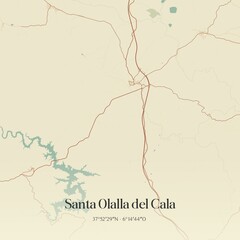 Retro Spanish map of Santa Olalla del Cala, Andaluc�a. Vintage street map.