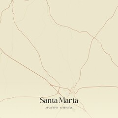 Retro Spanish map of Santa Marta, Extremadura. Vintage street map.