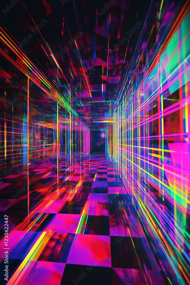 Poster abstract neon light tunnel with vibrant colors and geometric patterns creating a futuristic and dyna