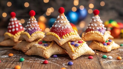 Colorful, festive desserts shaped like hats with vibrant decorations, perfect for celebrations.