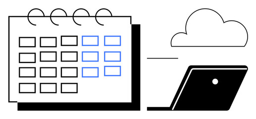 Calendar for scheduling, accompanied by a laptop and cloud icon representing cloud storage. Ideal for time management, event planning, digital organization, remote work, productivity enhancement