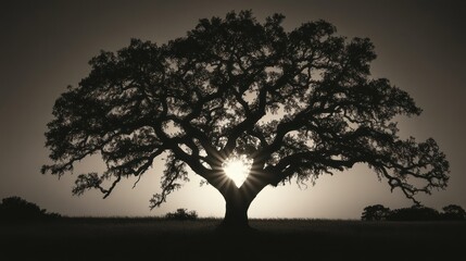 Obraz premium Sunset Silhouette Oak Tree Field