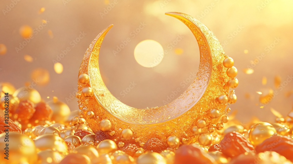 Poster a dazzling golden crescent moon adorned with intricate patterns and shimmering orbs, casting a warm 