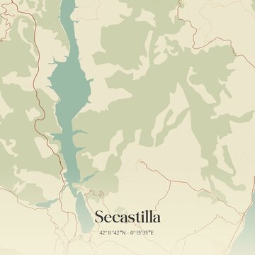 Retro Spanish map of Secastilla, Arag�n. Vintage street map.