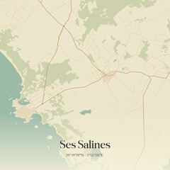 Retro Spanish map of Ses Salines, Islas Baleares. Vintage street map.