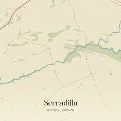 Retro Spanish map of Serradilla, Extremadura. Vintage street map.